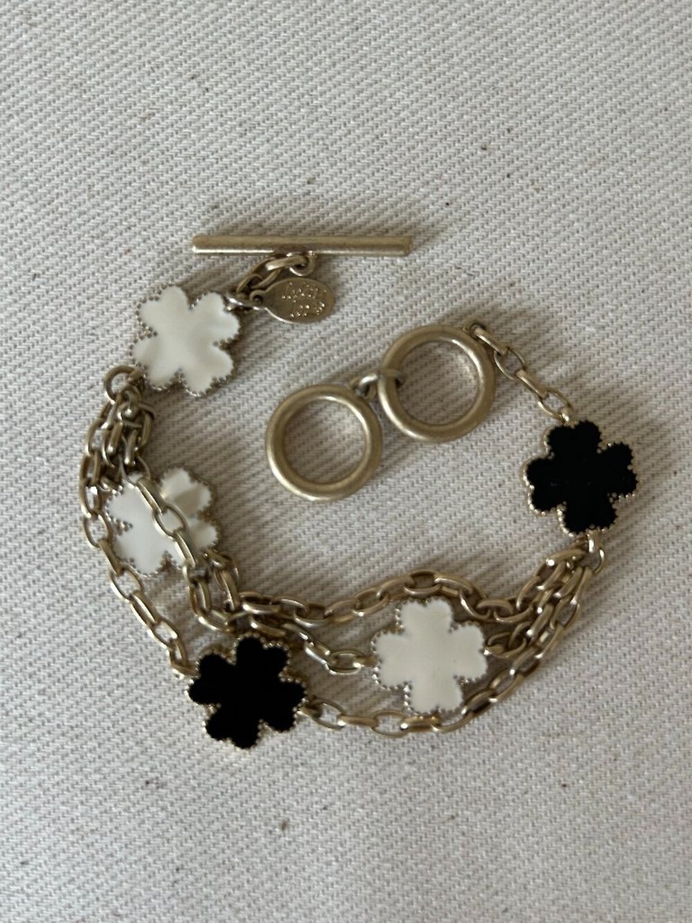 Cookie Lee Silver Clover Toggle Charm Bracelet Black White - NWT